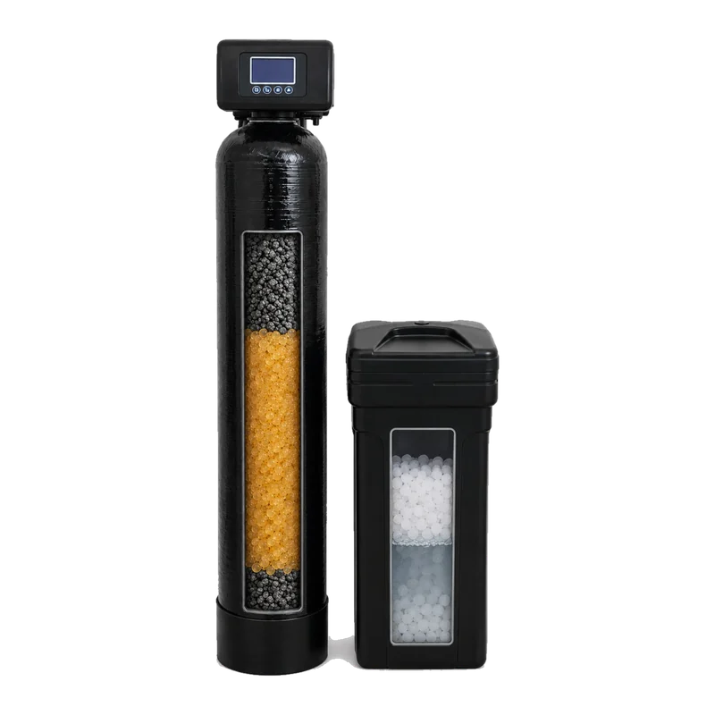 Whole-home softener and carbon filtration system, cutaway showing the media inside